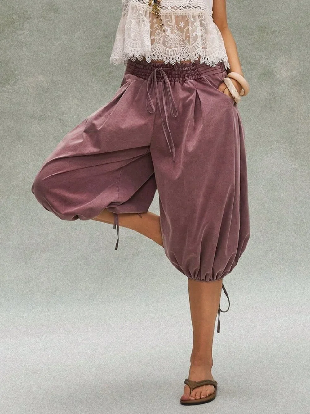 Purple Casual Boho Women's Cargo Pants with Waist Drawstring